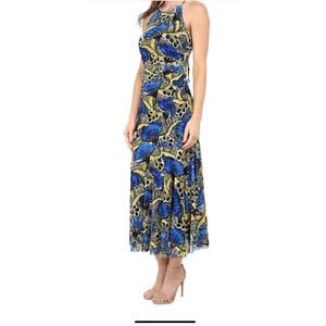 Nine West Blue Bright Surf/Sunflower Abstract Halter Stretch Maxi Dress Sz14-$98